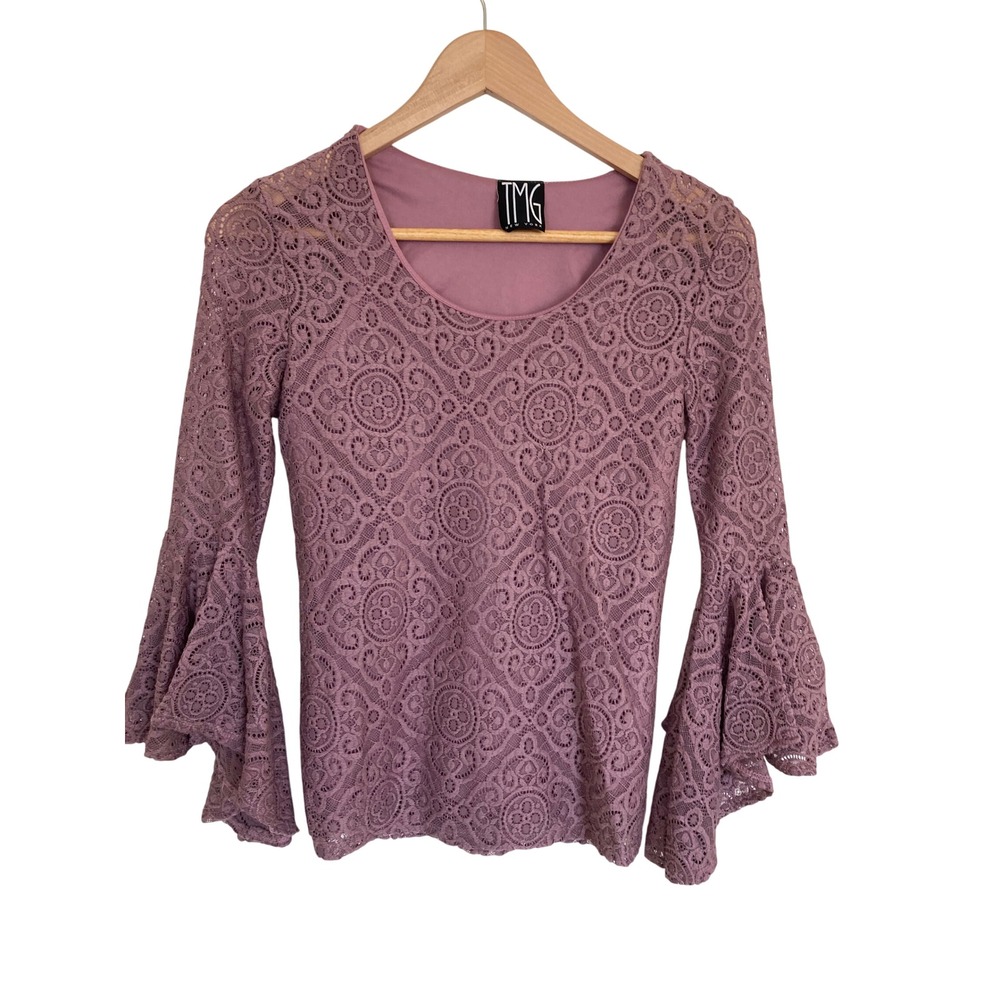 TMG New York Mauve Lace Bell Sleeve Blouse Medium Floral Medallion Scoop Neck